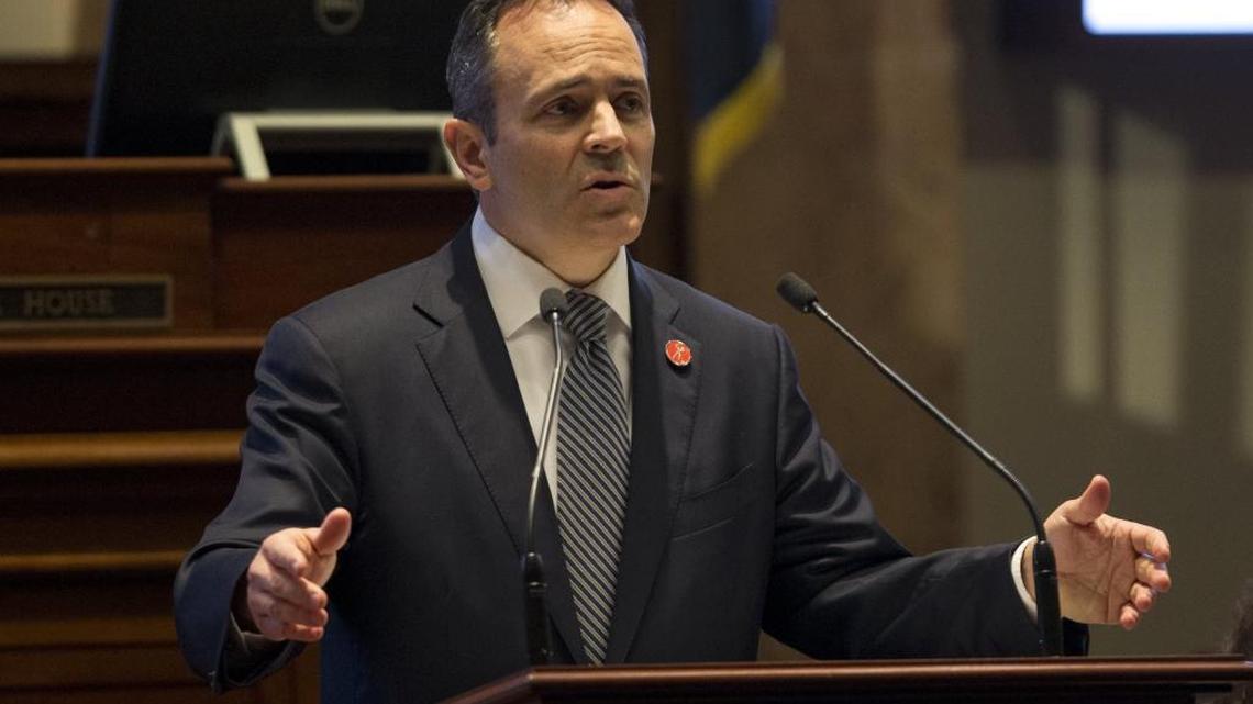 Kentucky Governor Matt Bevin speaks during a joint session of the General Assembly in his State of the Commonwealth and Budget Address at the Kentucky State Capitol in Frankfort, Ky., on Tuesday, January 16, 2018.