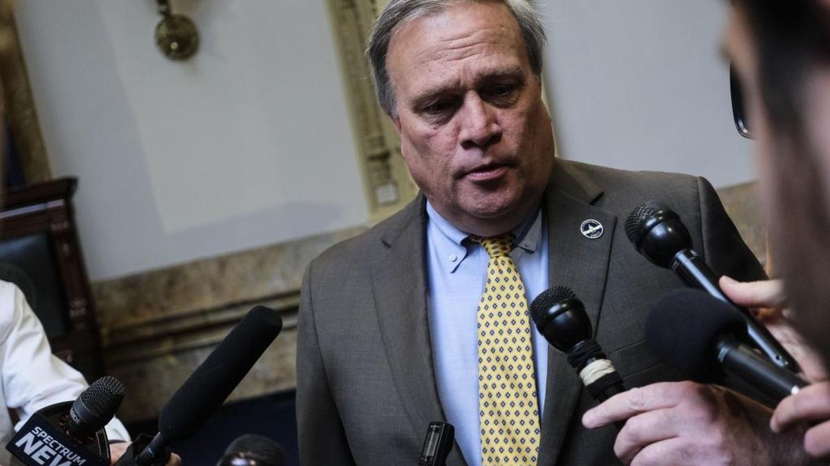 Senate President Robert Stivers, R-Manchester, answers questions from the media at the Capitol in Frankfort, Ky. on Friday, March 9, 2018.