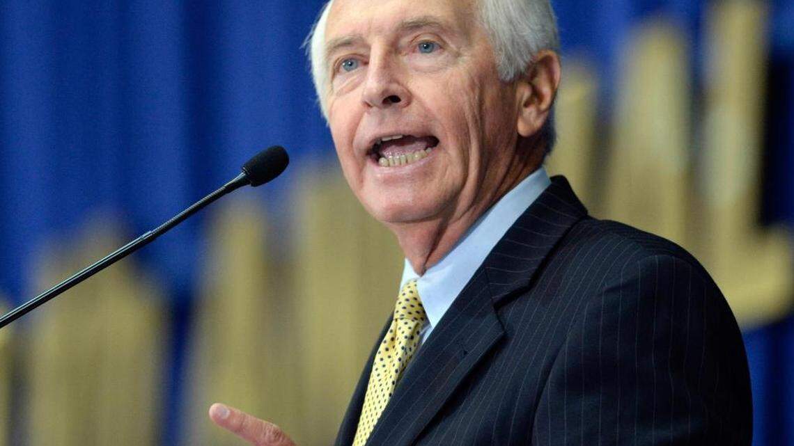 In this Aug. 22, 2013, file photo, Kentucky Gov. Steve Beshear addressed the audience at the 50th annual Kentucky Country Ham Breakfast in Louisville.