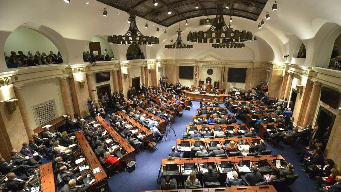 Members of the Kentucky House and Senate meet in a joint session in the House chambers as Republican Gov. Matt Bevin delivers his budget at the Kentucky State Capitol, Tuesday, Jan. 26, 2016, in Frankfort, Ky.