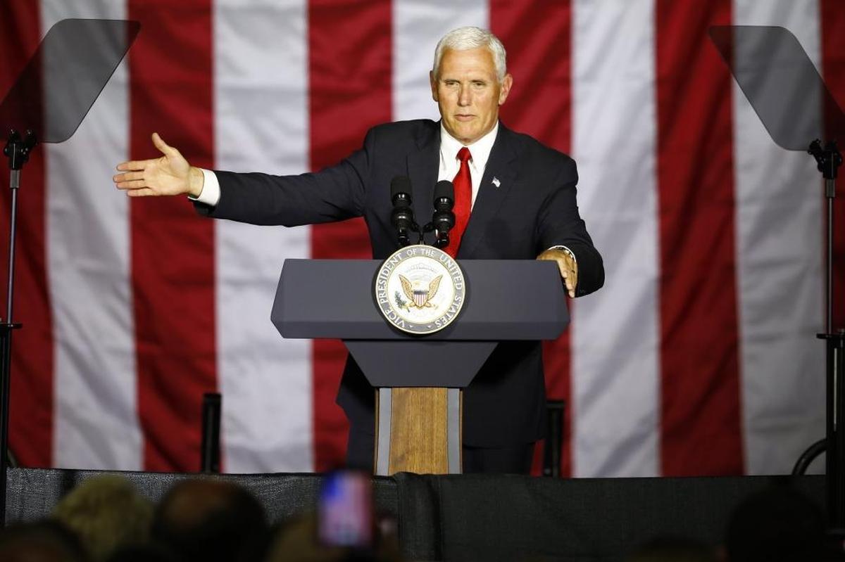 Vice President Mike Pence speaks to the crowd at Bryant's Rent-All in Lexington, Ky., Wednesday, July 12, 2017.