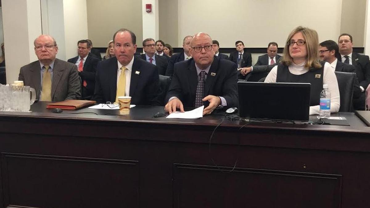 State budget director John E. Chilton, left, Bill Owen, president of Lexington Center Corp., Craig Turner, treasurer of Lexington Convention Center, and Mary Quinn Ramer, president of VisitLex, testify for bill to raise Lexington’s hotel and motel tax.