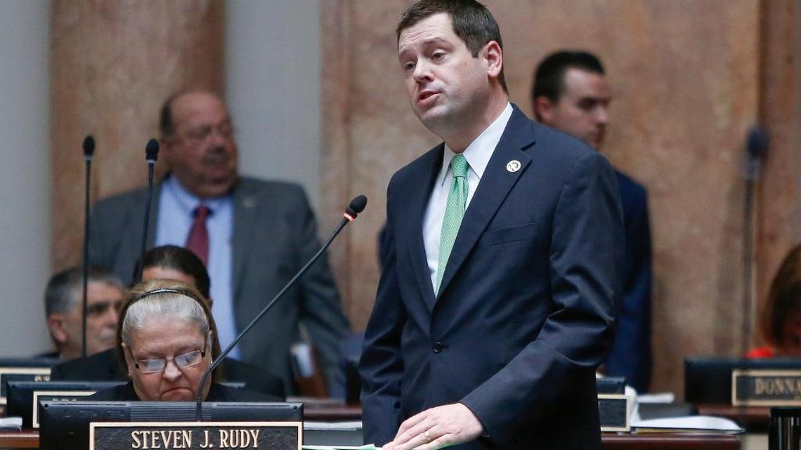 Rep. Steven Rudy, R-Paducah, speaks on the House floor during the General Assembly at the Kentucky State Capitol in Frankfort, KY., on Thursday, March 01, 2018.