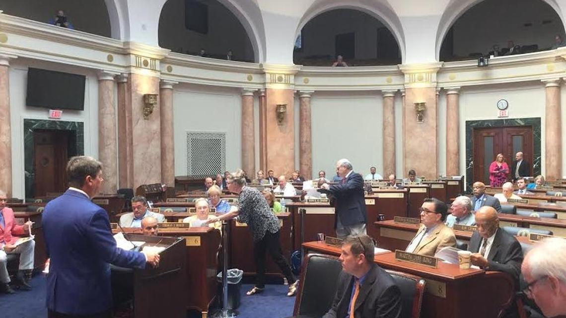 House Speaker Greg Stumbo spoke to Democratic lawmakers Tuesday before they received a briefing on the state pension systems.