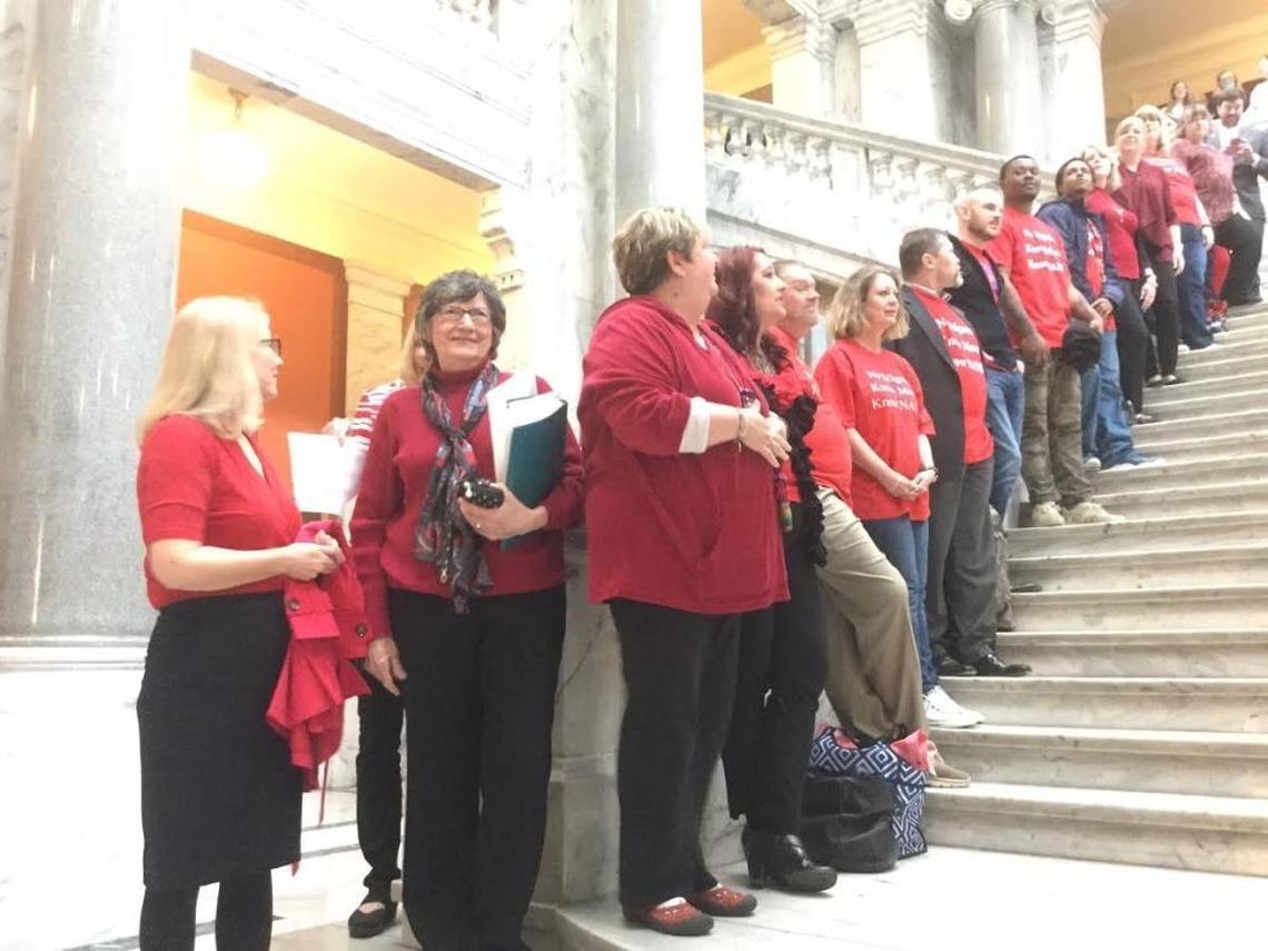 Faye Morton, center, joined other mental health advocates in March 2017 outside the Kentucky Senate chamber to lobby for Tim’s Law. The law is named for her son Tim, who suffered from mental illness and homelessness.