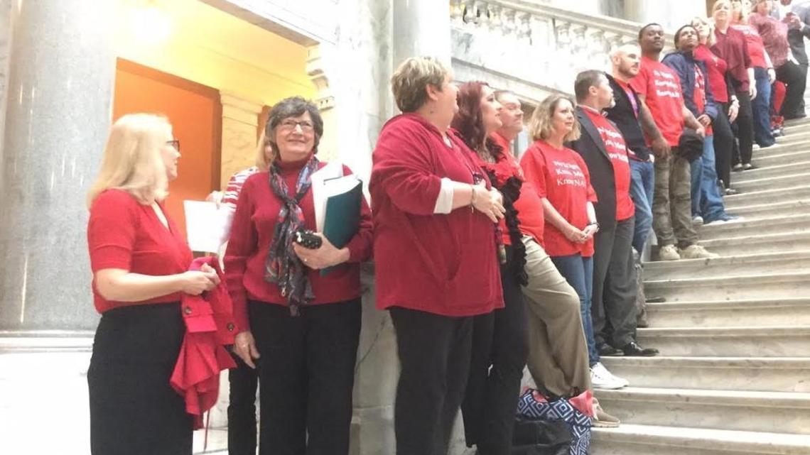 Faye Morton, center, joined other mental health advocates in March 2017 outside the Kentucky Senate chamber to lobby for Tim’s Law. The law is named for her son Tim, who suffered from mental illness and homelessness.
