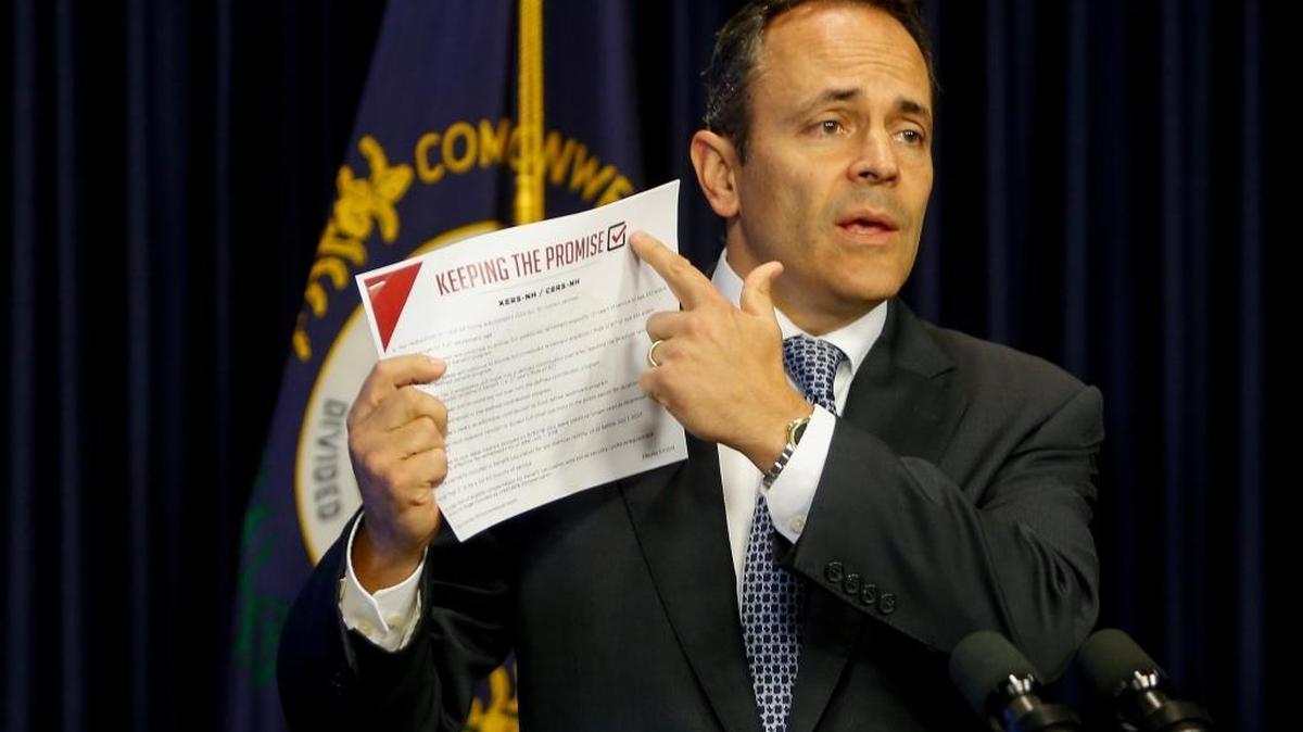 Kentucky Governor Matt Bevin unveils his proposed solution for Kentucky's pension systems during a press conference at the Kentucky State Capital on Wednesday, October 18, 2017 in Frankfort, Ky.