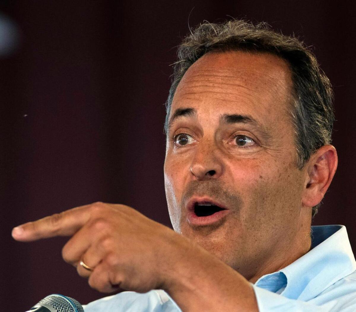 Kentucky Gov. Matt Bevin delivers his political speech Saturday, August 3, 2019, during the St. Jerome Parish Picnic in Fancy Farm. Ky.