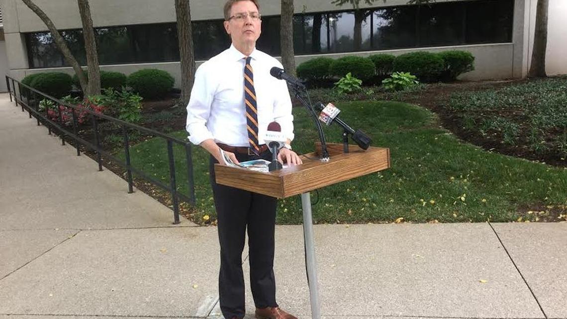 Lexington Mayor Jim Gray, Democratic nominee for U.S. Senate, stood outside Sen. Rand Paul’s Lexington district office Wednesday. Gray challenged the Republican to support a bill that would ban gun sales to people on the FBI’s terrorist watch list.