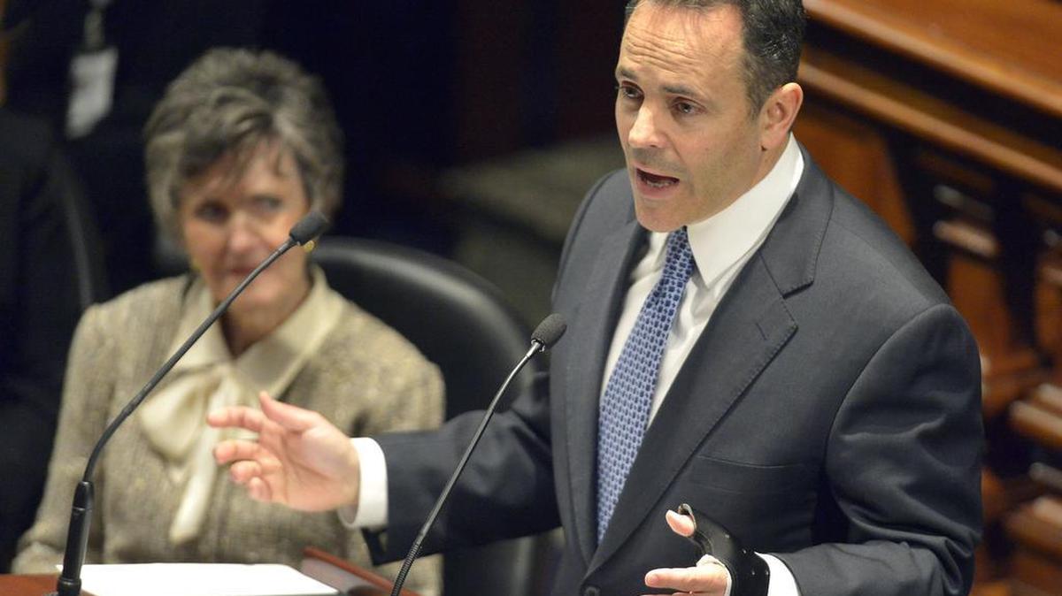 Republican Gov. Matt Bevin delivers his budget before a joint legislative session in the House Chambers at the Kentucky State Capitol, Tuesday, Jan. 26, 2016, in Frankfort, Ky. Bevin’s first budget won't take effect until July 1, but the new governor is not waiting to slash government spending.