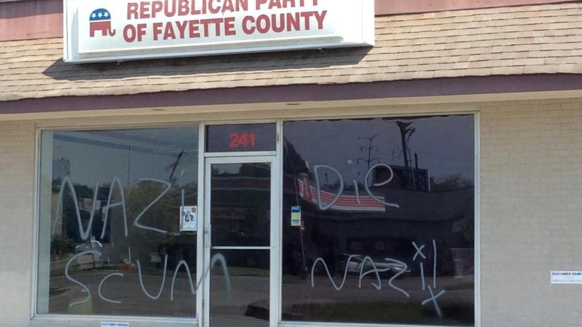 “Nazi scum” and “Die Nazi!” were painted across the front of the Republican Party of Fayette County headquarters on Southland Drive in Lexington either late Friday or early Saturday. It was the second act of vandalism at the office since Republican President Donald Trump’s election in November.