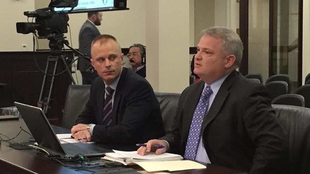 Eric Clark, left, and Steven Davis, two of Gov. Matt Bevin’s political appointees at the Kentucky Cabinet for Health and Family Services, appeared before the Senate Veterans Committee on Thursday to support a bill that would raise the regulatory requirements for abortion clinics.