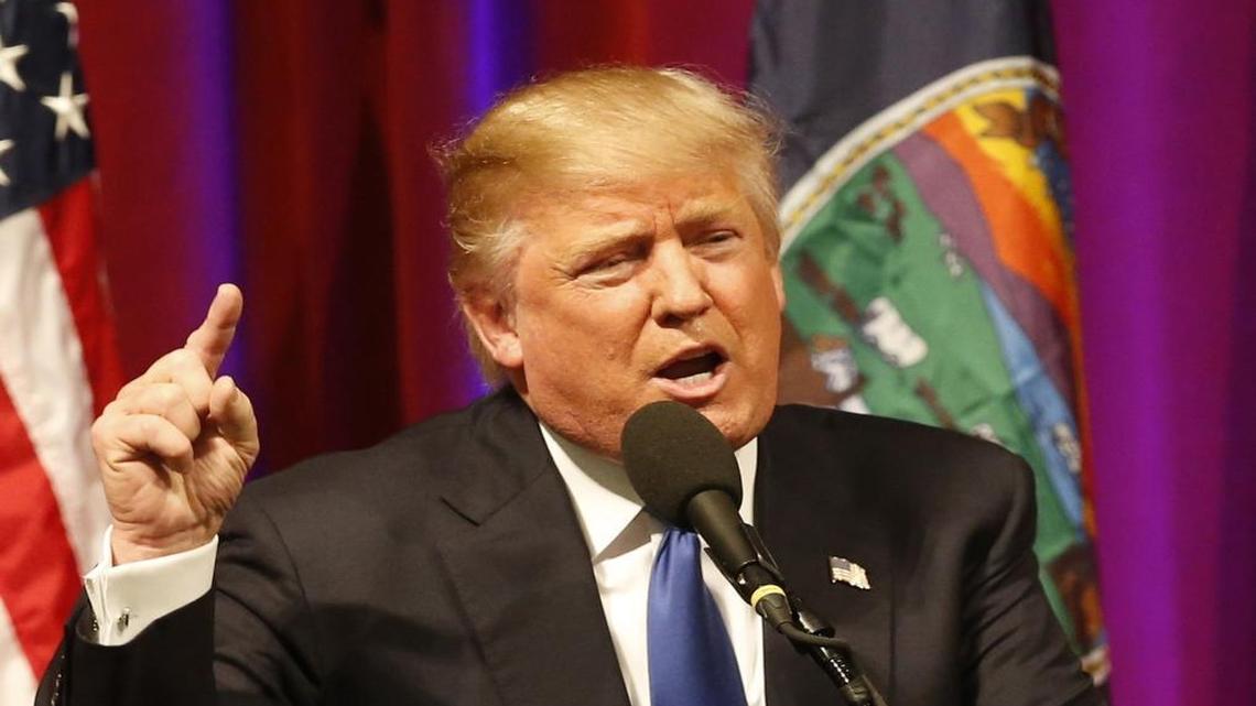 GOP presidential candidate Donald Trump addresses his supporters at rally during the Kansas GOP caucus at Century II in Wichita, Kan., on Saturday, March 5, 2016.