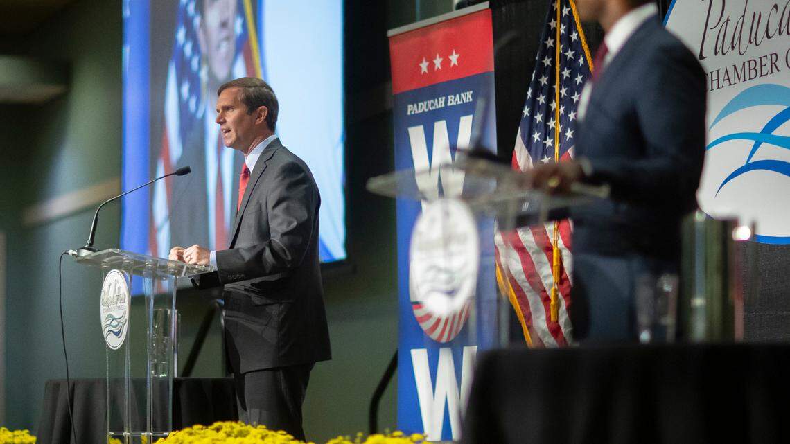 Democratic Gov. Andy Beshear, who is running for reelection, speaks during the Paducah Area Chamber of Commerce’s Power in Partnership Luncheon and Gubernatorial Forum at the Paducah-McCracken County Convention Center in Paducah, Ky., on Thursday, Oct. 12, 2023.