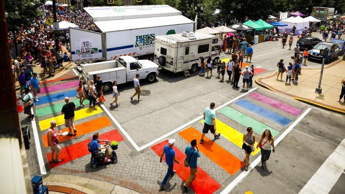 Crosswalks at the intersection of Lexington’s Limestone and Short Street were painted in rainbows colors in advance of the 2017 Pride Festival. 