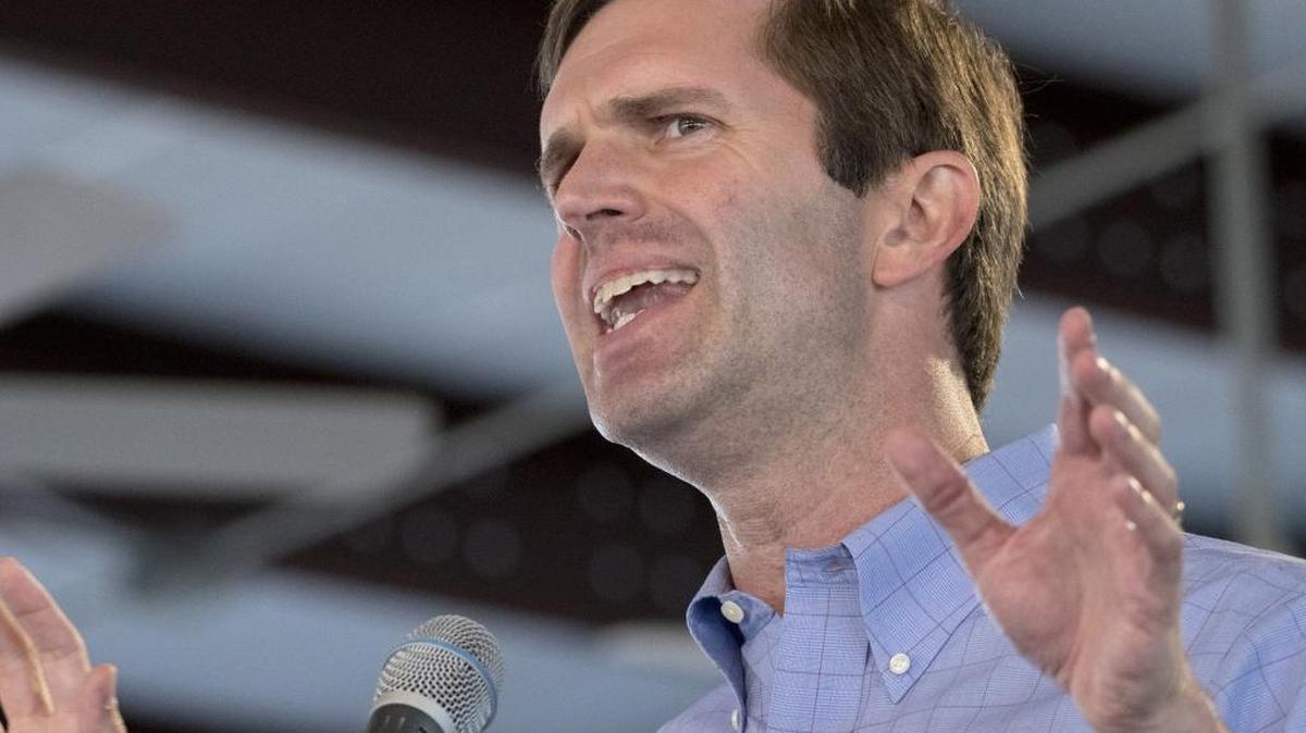Kentucky Attorney General Andy Beshear speaks at the Fancy Farm picnic August 5, 2017, in Fancy Farm, Ky.