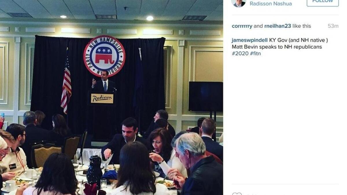 Boston Globe reporter James Pindell posted a picture on Instagram of Kentucky Gov. Matt Bevin speaking at a luncheon during the New Hampshire GOP’s First-in-the-Nation town hall in Nashua, N.H., on Saturday, Jan. 23, 2016.
