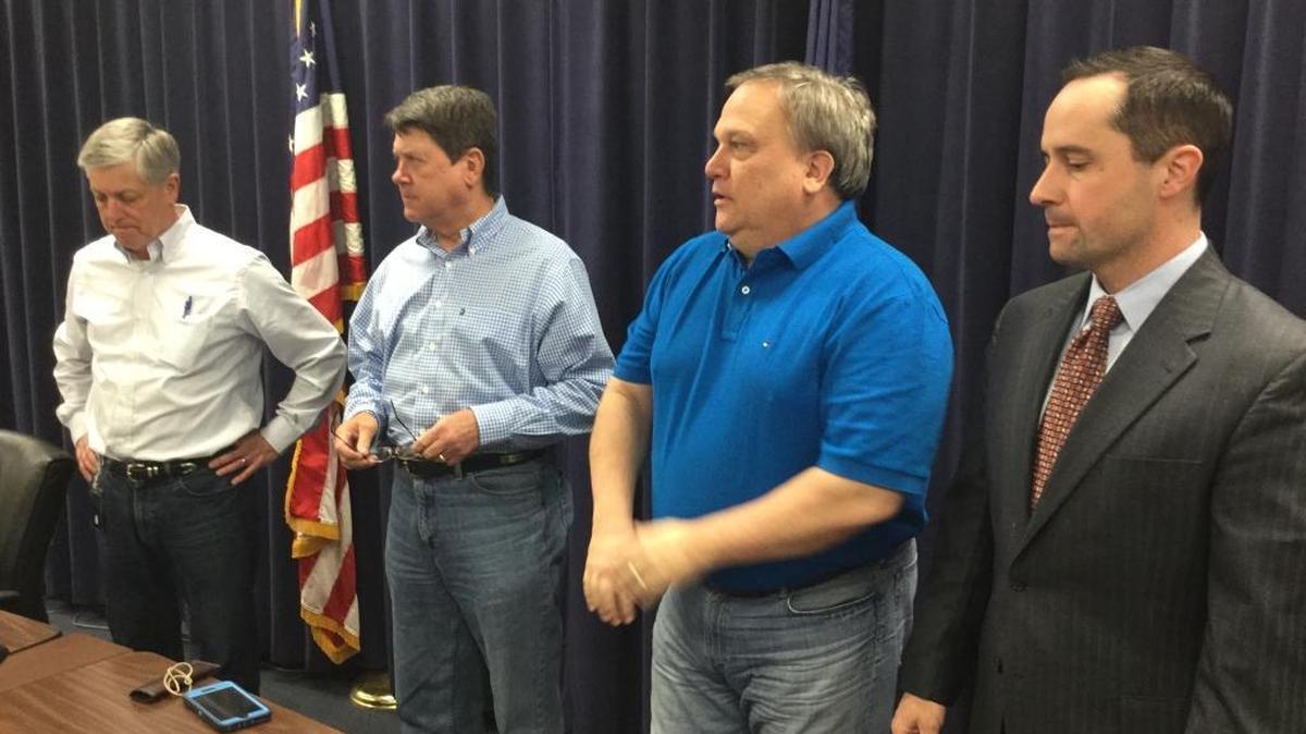 From left, House budget chairman Rick Rand, House Speaker Greg Stumbo, Senate President Robert Stivers and Senate budget chairman Christian McDaniel provided some details about the compromise House-Senate budget.
