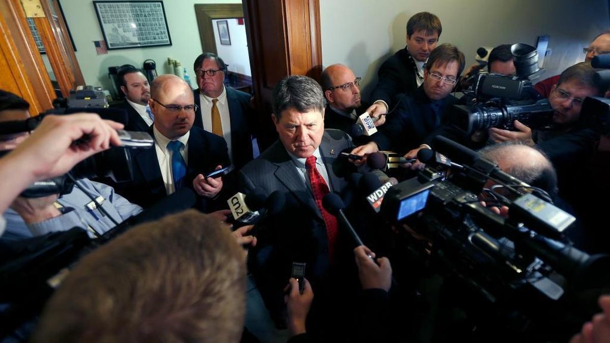 House Speaker Greg Stumbo, D-Prestonsburg, spoke to reporters in a crowded hallway outside his office before entering the House of Representatives chambers in the State Capitol in Frankfort, Ky., Tuesday, January 5, 2016. Tuesday was the opening day for the 2016 General Assembly as both the House of Representatives and the Senate convened at noon.
