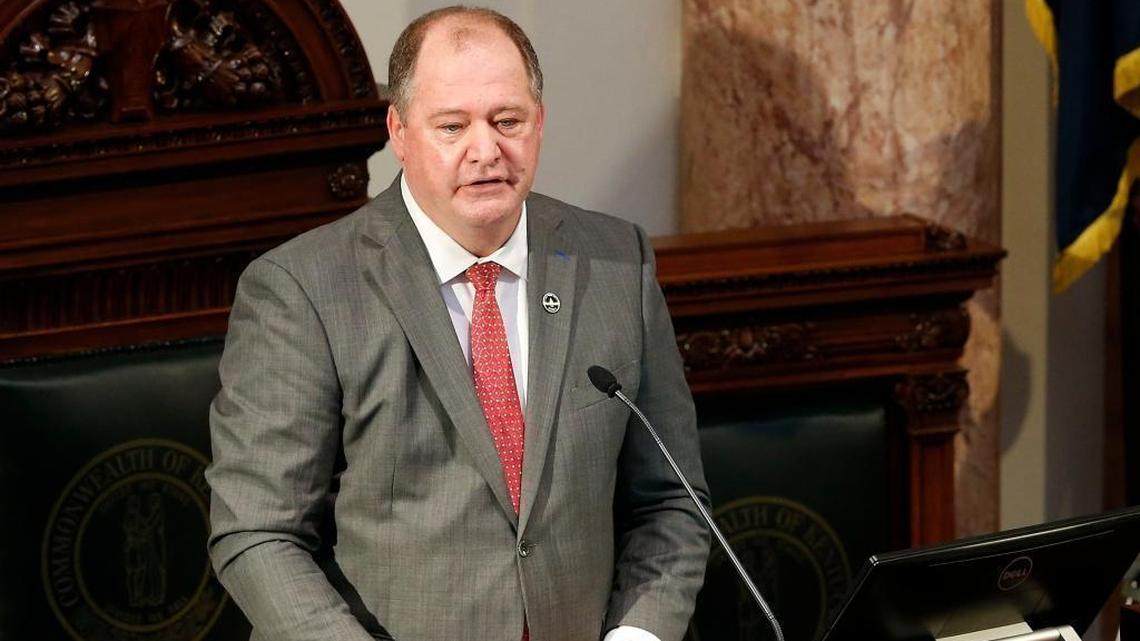 Then House Speaker Jeff Hoover, R-Jamestown, spoke after he took the oath of office in Frankfort, Ky., Tuesday, January 3, 2017. Jeff Hoover, a Jamestown attorney who has been in the state House since 1997, was Kentucky’s first Republican speaker of the House of Representatives in 95 years and only the third in Kentucky’s history.