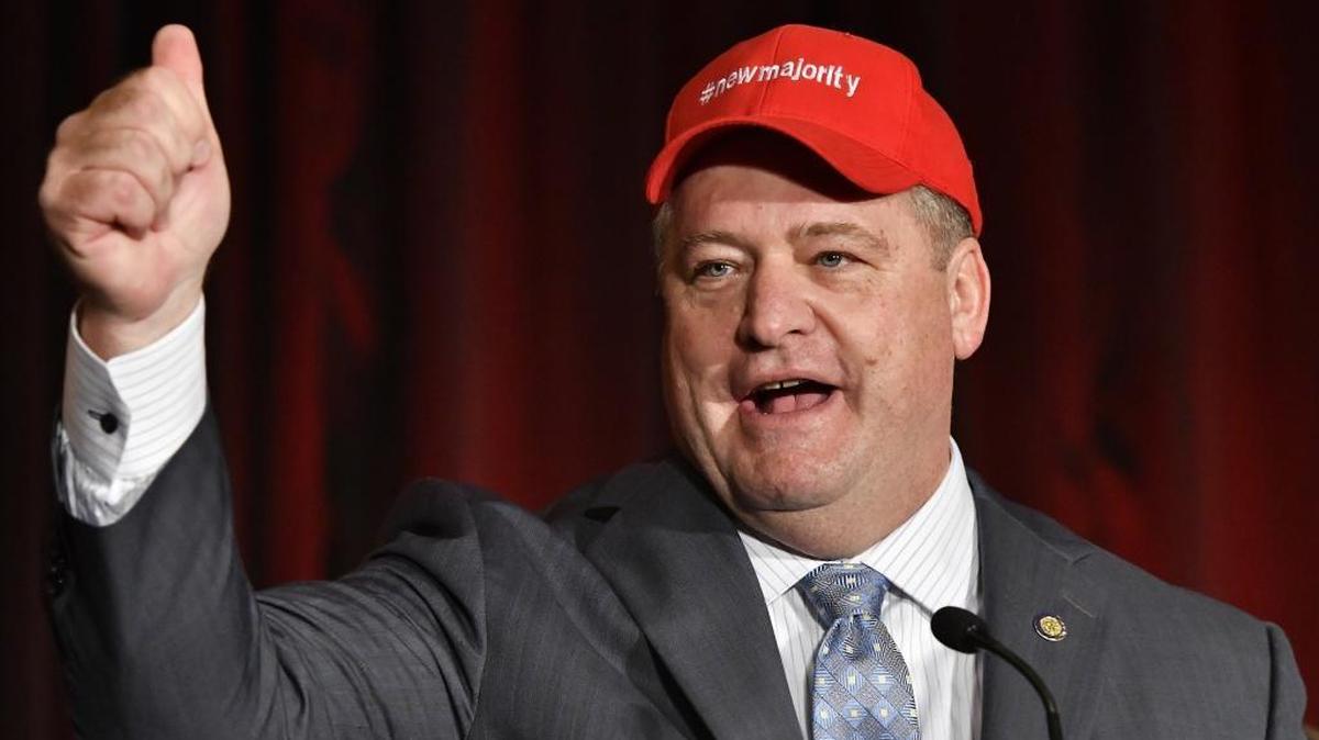 State Rep. Jeff Hoover, R- Jamestown, waves to the crowd as they celebrate the Kentucky House of Representatives obtaining a republican majority, Tuesday, Nov. 8, 2016 in Louisville Ky.