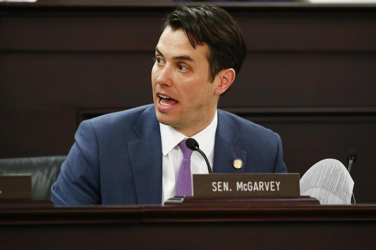 Sen. Morgan McGarvey, D-Louisville, passed on a vote for HB 487 during the final day of Kentucky’s 2018 General Assembly at the Capitol in Frankfort.