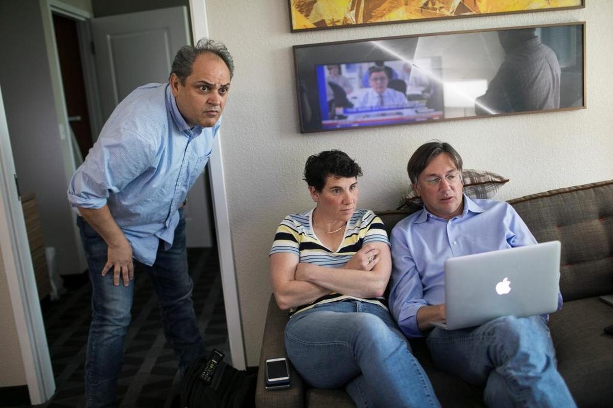 Amy McGrath watched election returns with her campaign manager, Mark Nickolas, left, and Mark Putnam, her ad maker, in Richmond.