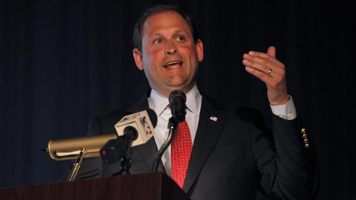 U.S. Rep. Andy Barr speaks during his town hall in the Beeler Auditorium at Lafayette High School in Lexington, Ky., Monday evening, April 24, 2017.