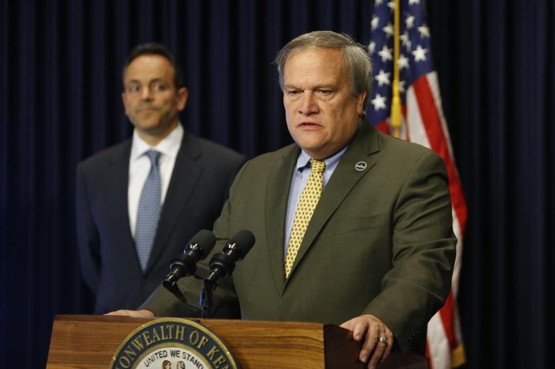 Senate President Robert Stivers talks through details as Kentucky Governor Matt Bevin and then-House Speaker Jeff Hoover unveil a proposal to overhaul Kentucky’s pension systems during a press conference at the Kentucky State Capital on Wednesday, October 18, 2017 in Frankfort, Ky.