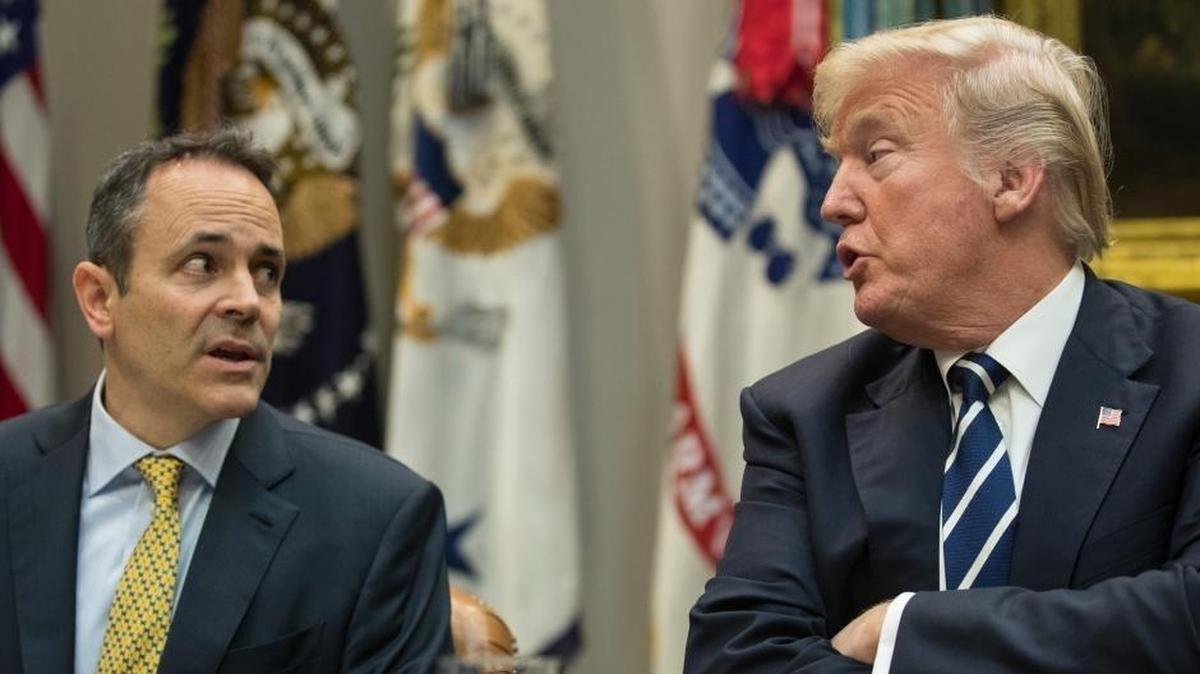 President Donald Trump, right, and Kentucky Governor Matt Bevin, left, talked during a prison reform roundtable in the Roosevelt Room of the Washington, Thursday, Jan. 11, 2018.