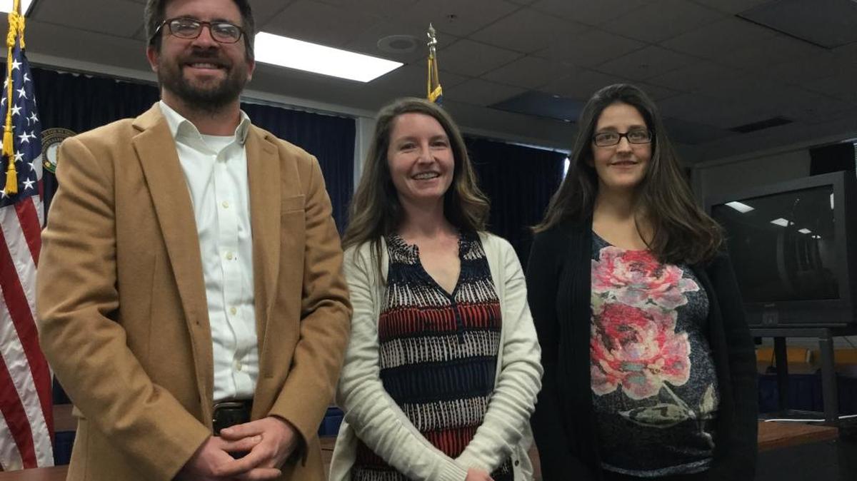 Ben Abell of Oldham County (left), Carolyn Gahn of Garrard County (middle) and Rae Strobel of Meade County, at a Frankfort news conference Wednesday organized by Keep Kentucky Covered, a coalition of pro-Kynect health groups.