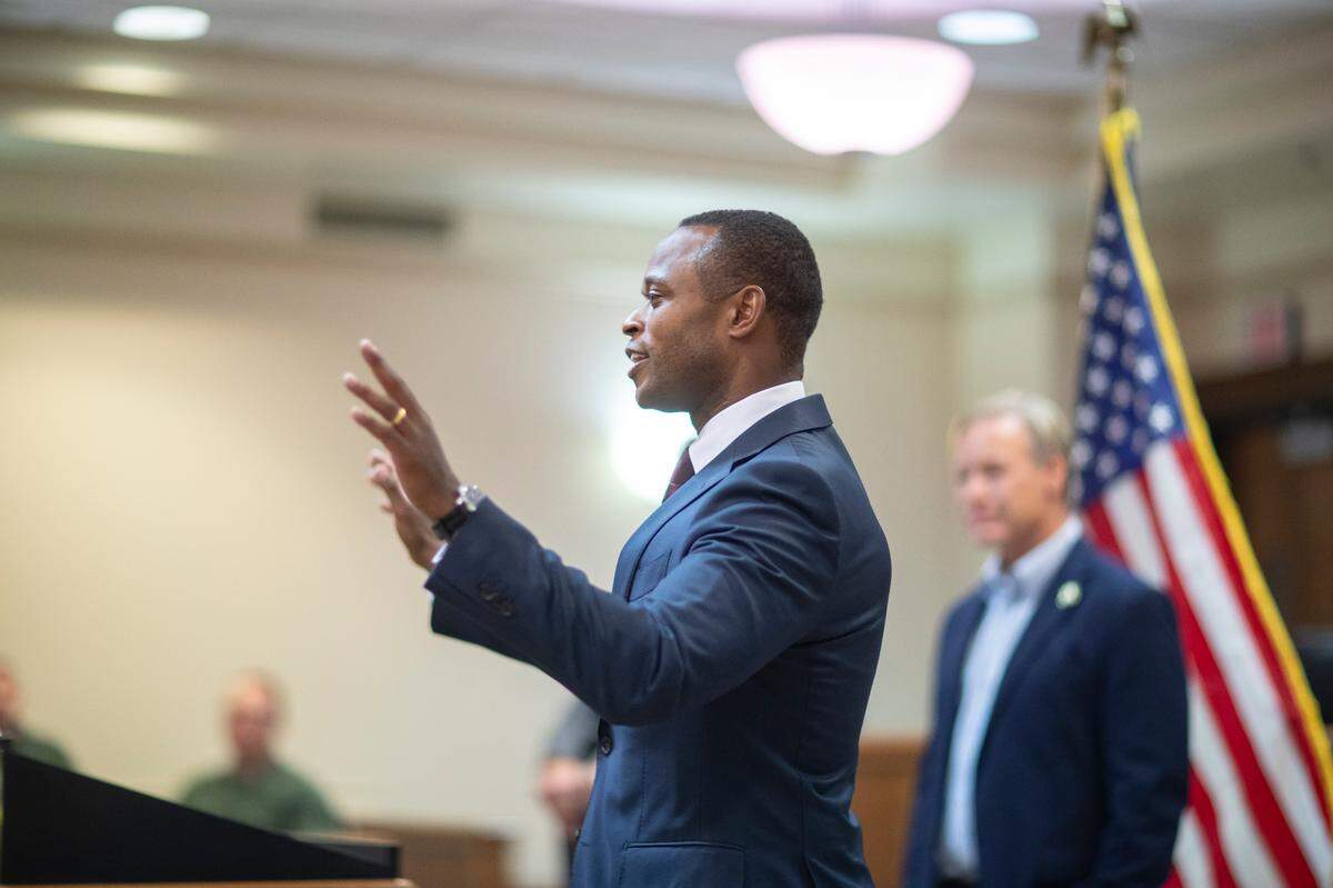 Republican nominee for governor and Kentucky Attorney General Daniel Cameron speaks at the grand opening of his office’s West Kentucky Field Office at the Marshall County Judicial Building in Benton, Ky., on Thursday, Oct. 12, 2023.