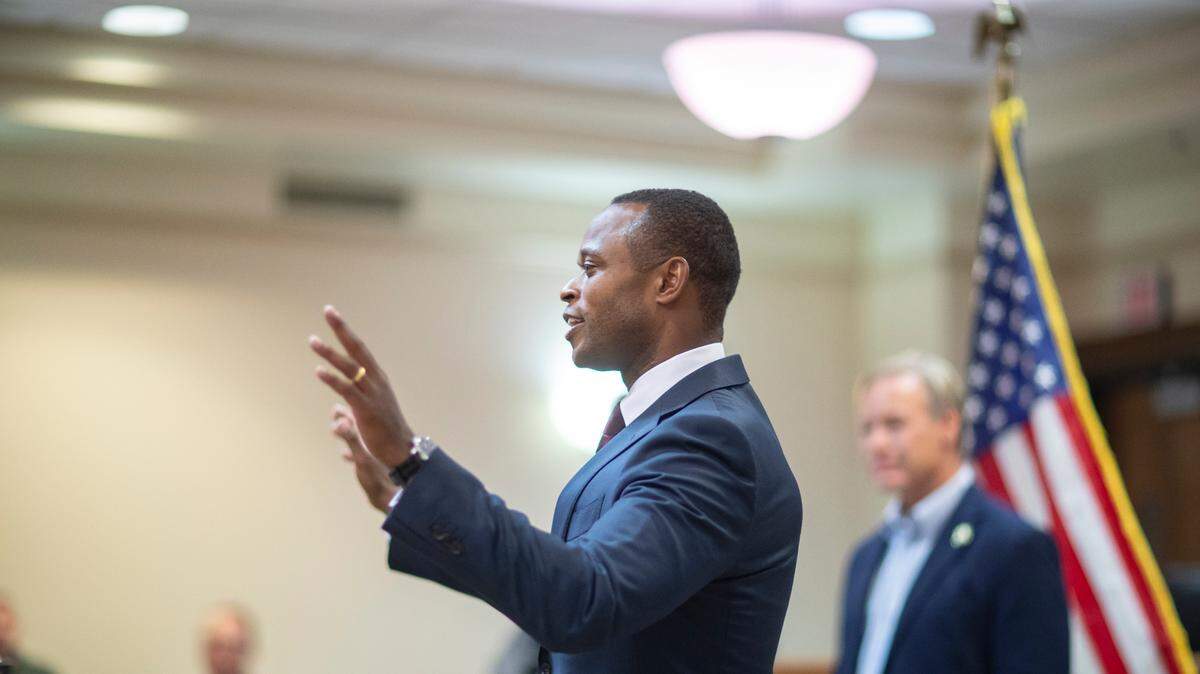 Republican nominee for governor and Kentucky Attorney General Daniel Cameron speaks at the grand opening of his office’s West Kentucky Field Office at the Marshall County Judicial Building in Benton, Ky., on Thursday, Oct. 12, 2023.
