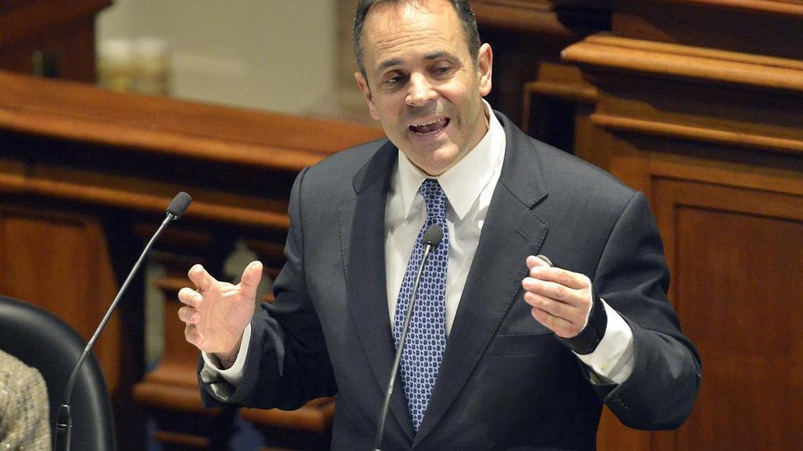 Gov. Matt Bevin delivered his budget Tuesday before a joint legislative session in the House chambers at the Kentucky state Capitol.