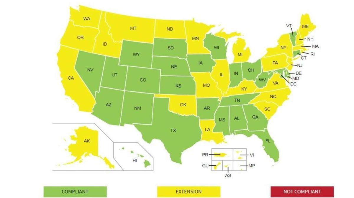 The status of states’ compliance with the federal REAL ID Act as of September 2017.