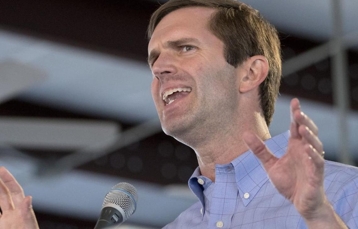 Kentucky Attorney General Andy Beshear speaks at the Fancy Farm picnic August 5, 2017, in Fancy Farm, Ky.