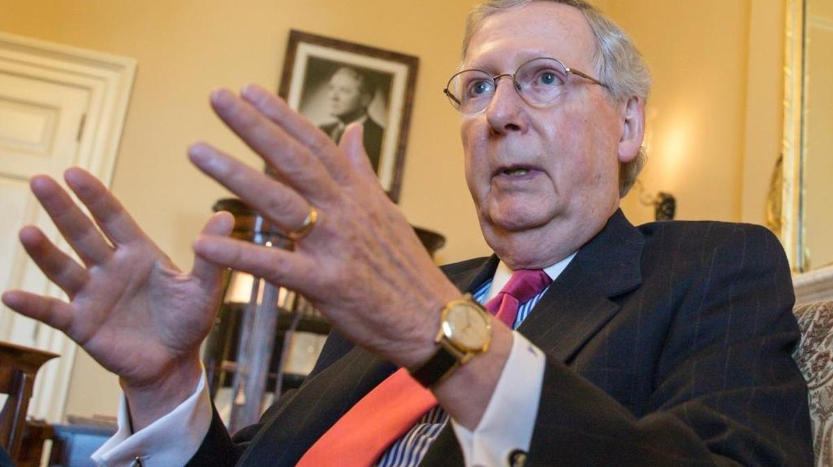 Senate Majority Leader Mitch McConnell of Ky. gestures during an interview with The Associated Press, Wednesday, Dec. 16, 2015, in his office on Capitol Hill in Washington.