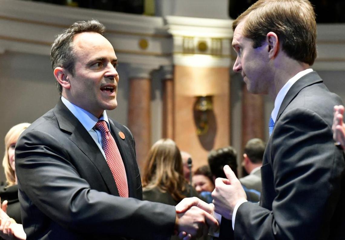 Kentucky Gov. Matt Bevin, left, greeted Kentucky Attorney General Andy Beshear before the governor’s State of the Commonwealth address in Frankfort on Feb. 8.