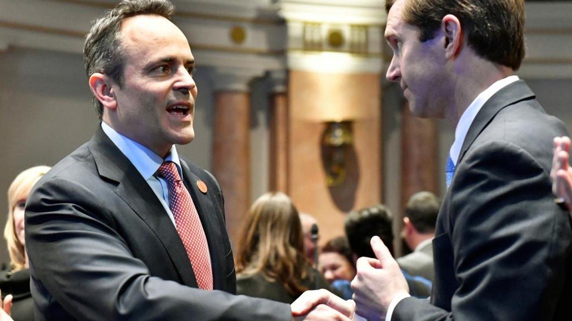 Kentucky Gov. Matt Bevin, left, greeted Kentucky Attorney General Andy Beshear before the governor's State of the Commonwealth address in Frankfort on Feb. 8.