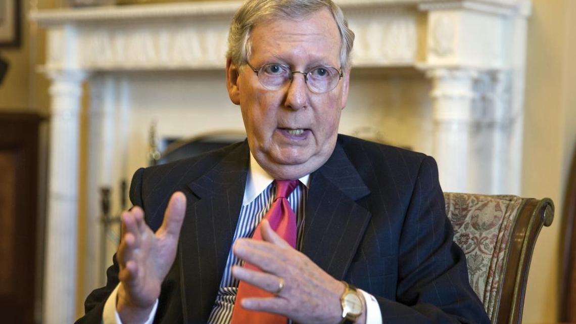 In this Dec. 16, 2015, photo, Senate Majority Leader Mitch McConnell of Ky. gestured during an interview with The Associated Press in his office on Capitol Hill in Washington.