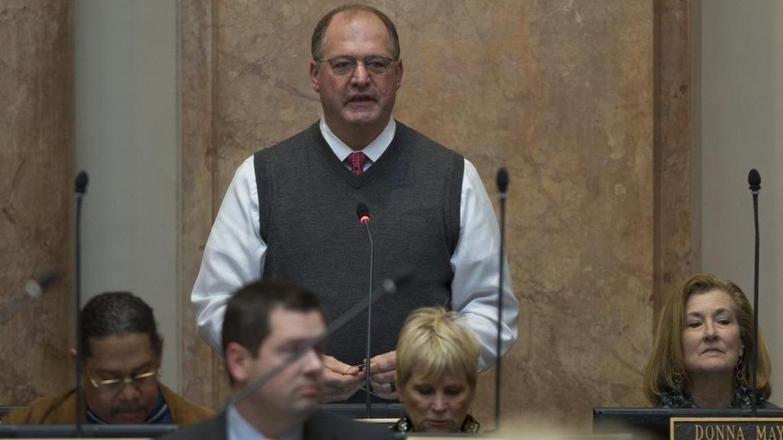 Rep. Jeff Hoover, R-Jamestown, speaks on the House floor during the General Assembly at the Kentucky State Capitol in Frankfort, Ky., on Wednesday, January 17, 2018.