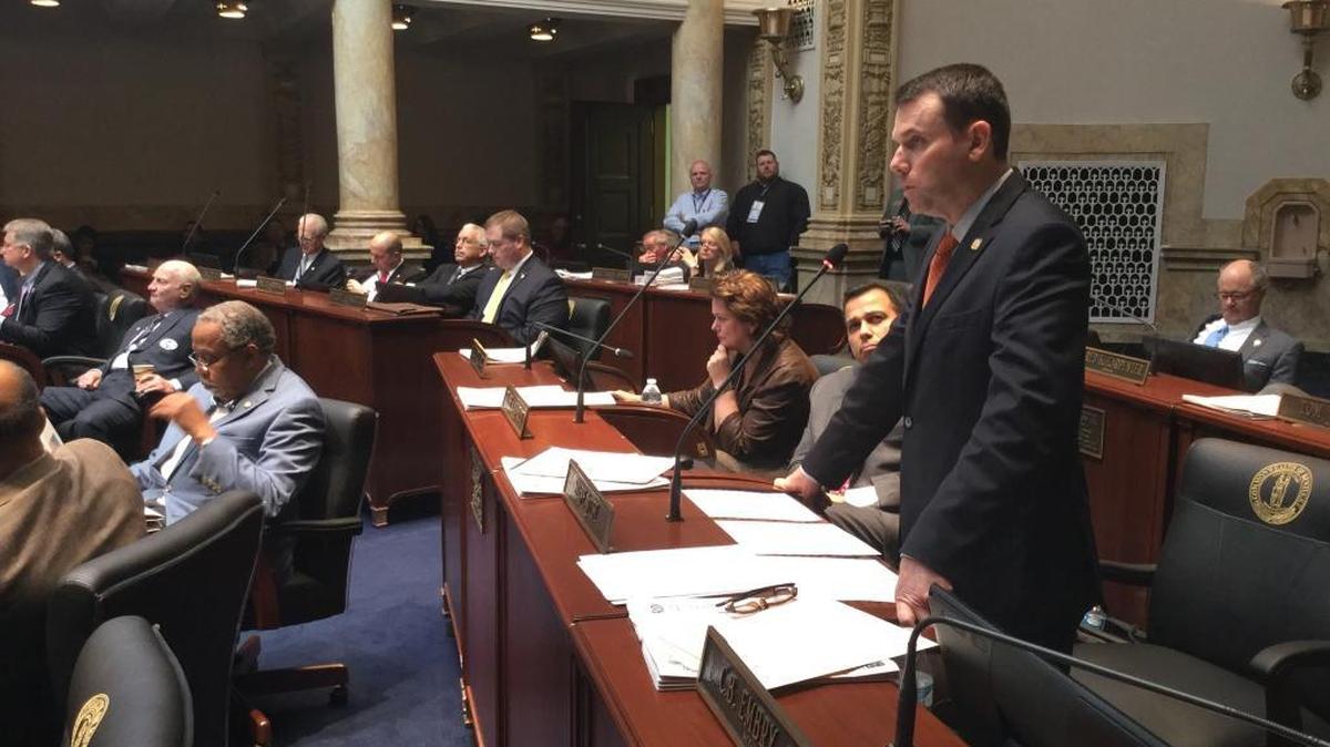 Sen. Stephen West, R-Paris, presents his bill to require two different marriage license forms.