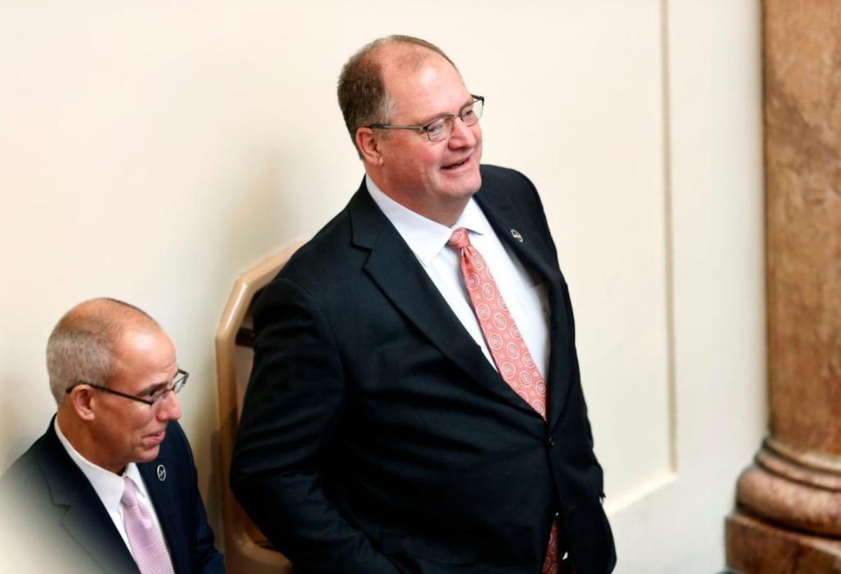 Speaker of the House Jeff Hoover, R-Jamestown, stood in the back of the House of Representatives Chambers before the session was gaveled in by House Speaker Pro Tempore David Osborne, R-Prospect, on the opening day of the General Assembly in the State Capitol in Frankfort, Ky., Tuesday, January 2, 2018. Hoover submitted a “letter of empowerment” to the House, granting Osborne the authority to preside over the 60-workday legislative session until the Legislative Ethics Commission concludes its investigation of allegations that Hoover sexually harassed a legislative staffer and then signed a secret settlement to conceal the action