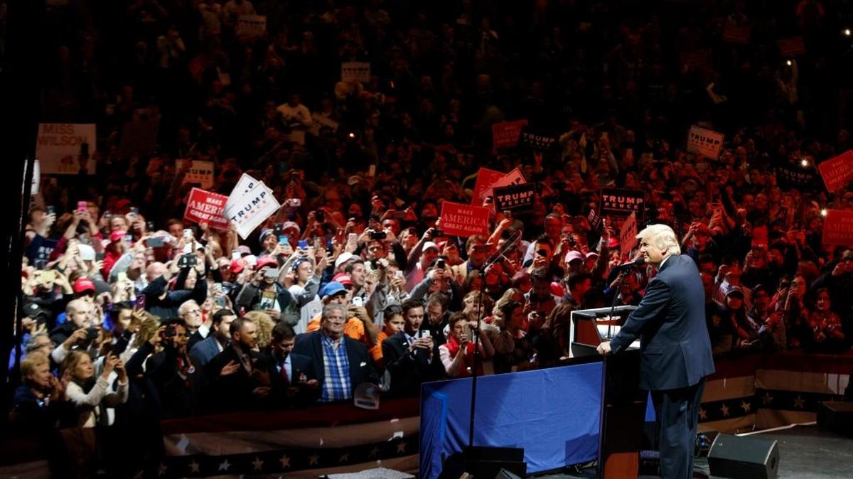 President-elect Donald Trump spoke during a “USA Thank You” tour event on Thursday in Cincinnati.