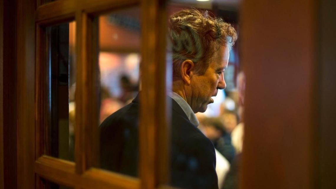 Sen. Rand Paul of Kentucky talked with a supporter last week during a campaign event held at a restaurant in Ottumwa, Iowa.