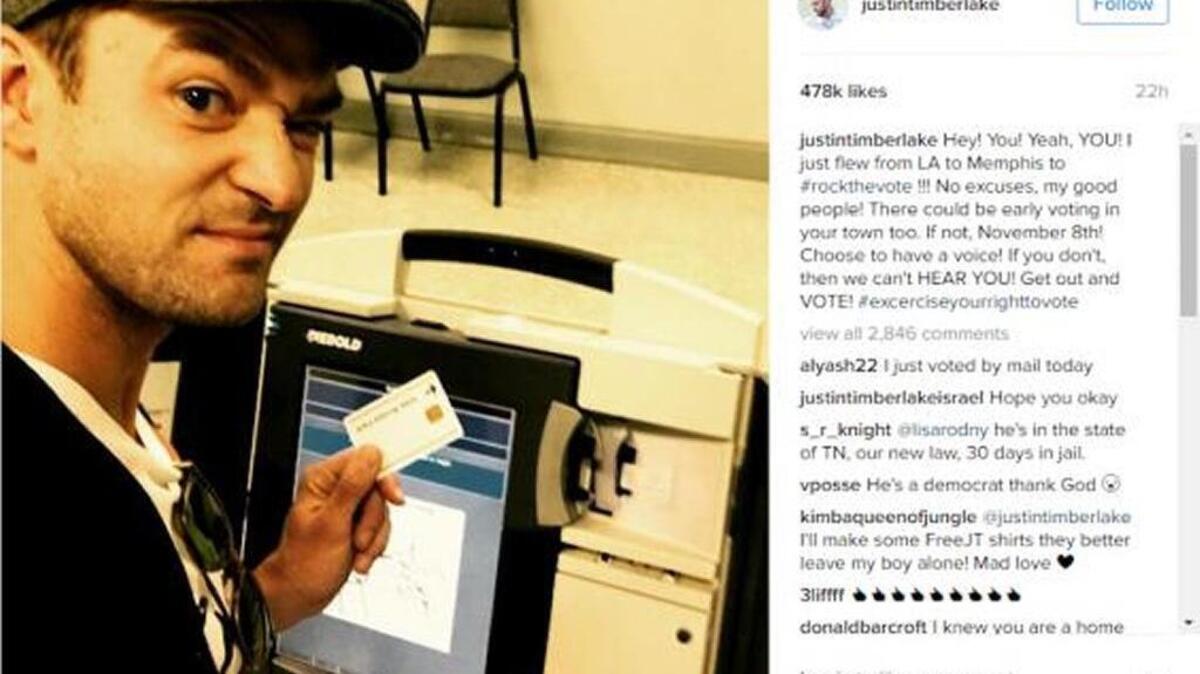 Singer Justin Timberlake posted a “ballot selfie” on Instagram last month as he voted early in Memphis. But it’s illegal in Tennessee to take photos inside a polling place. The district attorney’s office says it is reviewing the matter.