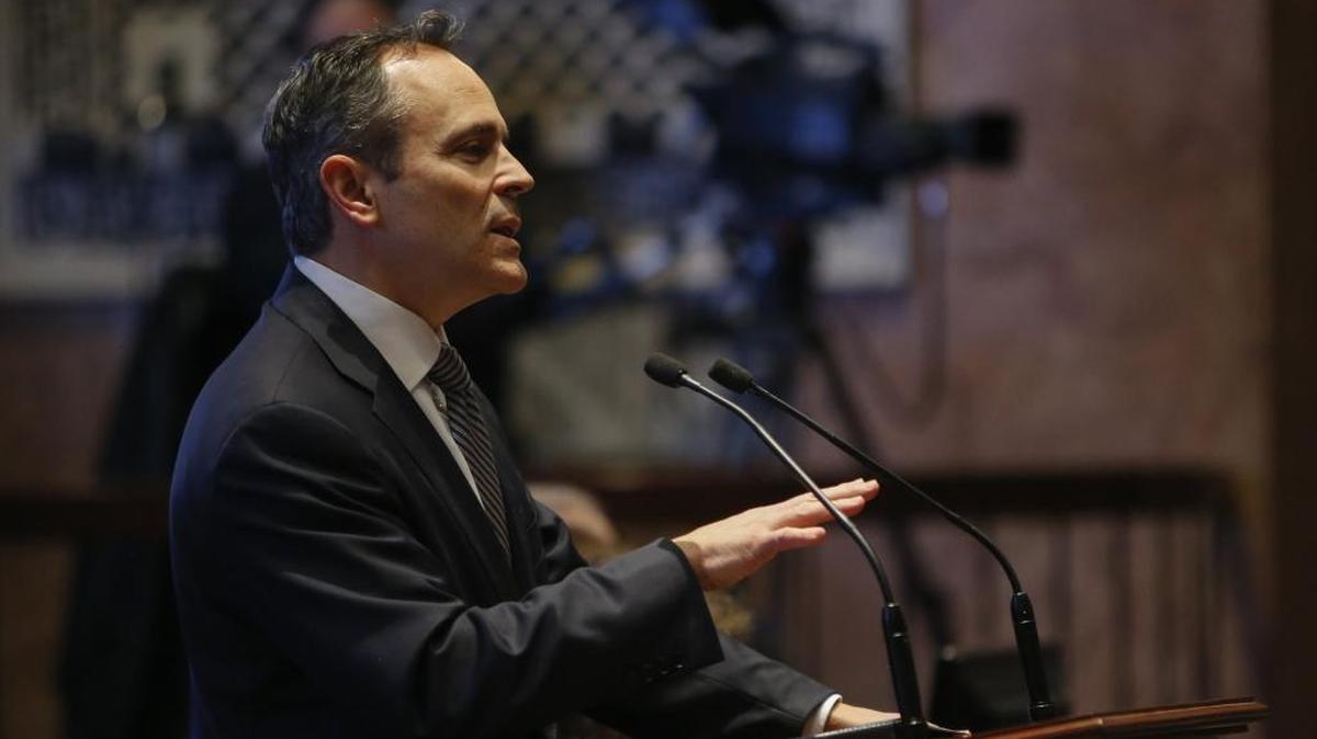 Kentucky Governor Matt Bevin speaks during a joint session of the General Assembly in his State of the Commonwealth and Budget Address at the Kentucky State Capitol in Frankfort, Ky., on Tuesday, January 16, 2018.