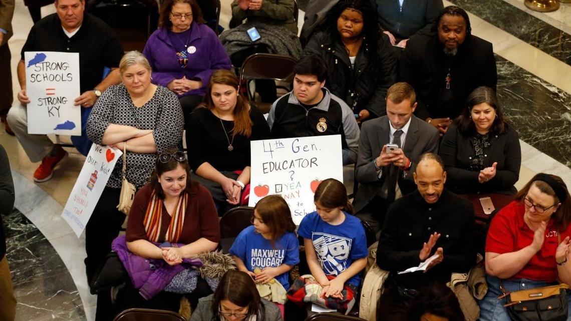 A crowd gathered during a Save Our Schools Kentucky rally to kick off their Stand Up for Education Advocacy initiative for the 2018 General Assembly held in the State Capitol Rotunda in Frankfort on Tuesday. Several groups participated along with Save our Schools Kentucky such as Kentuckians for the Commonwealth and Fayette County Chapter of the NAACP. The 2018 General Assembly convened at noon.