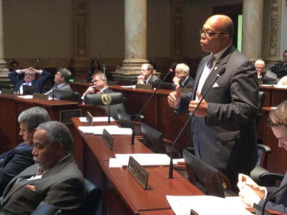 State Sen. Reginald Thomas, D-Lexington, speaks against House Bill 14, saying it will chill and handcuff protests made by racial minorities.