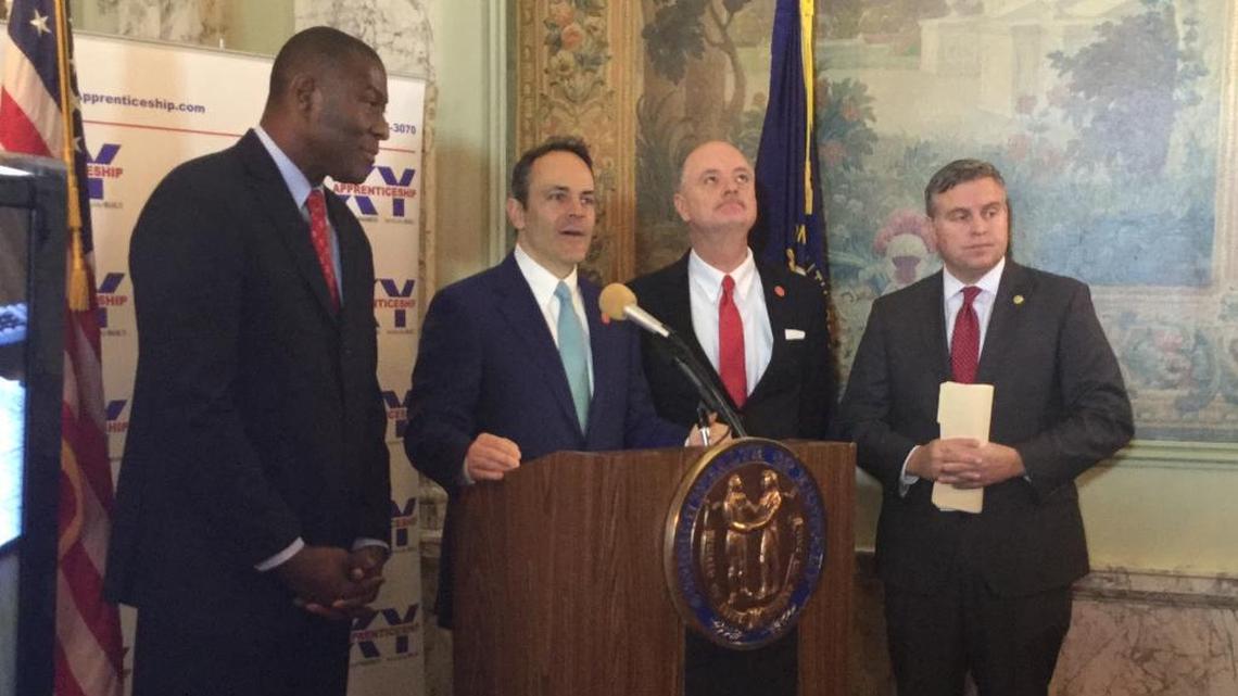 Gov. Matt Bevin announced a pilot project to find jobs for state inmates at a Capitol news conference on March 2, 2017, with, from right to left, Justice Secretary John Tilley, state Sen. John Schickel and Labor Secretary Derrick Ramsey.